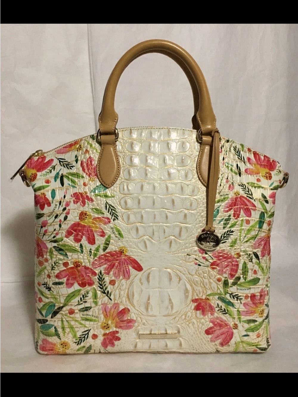Brahmin Cream Floral Embossed Leather Tote with Tan Handles - Picture 3 of 8